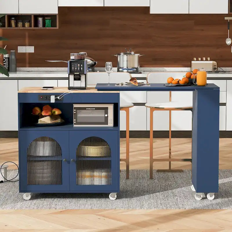 Rolling Kitchen Island with Movable Extended Table, Wheels, LED Lights, Power Outlets & Fluted Glass Doors