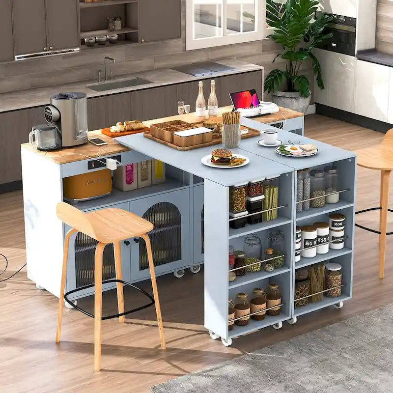 Rolling Kitchen Island with Movable Extended Table, Wheels, LED Lights, Power Outlets & Fluted Glass Doors