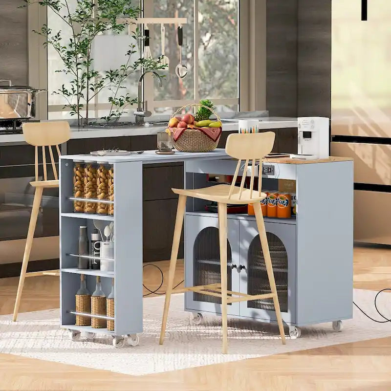 Rolling Kitchen Island with Movable Extended Table, Wheels, LED Lights, Power Outlets & Fluted Glass Doors