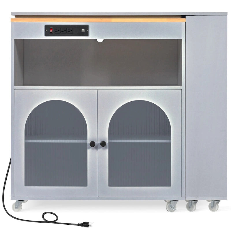 Rolling Kitchen Island with Movable Extended Table, Wheels, LED Lights, Power Outlets & Fluted Glass Doors
