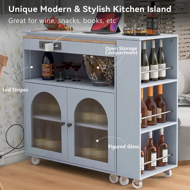 Rolling Kitchen Island with Movable Extended Table, Wheels, LED Lights, Power Outlets & Fluted Glass Doors