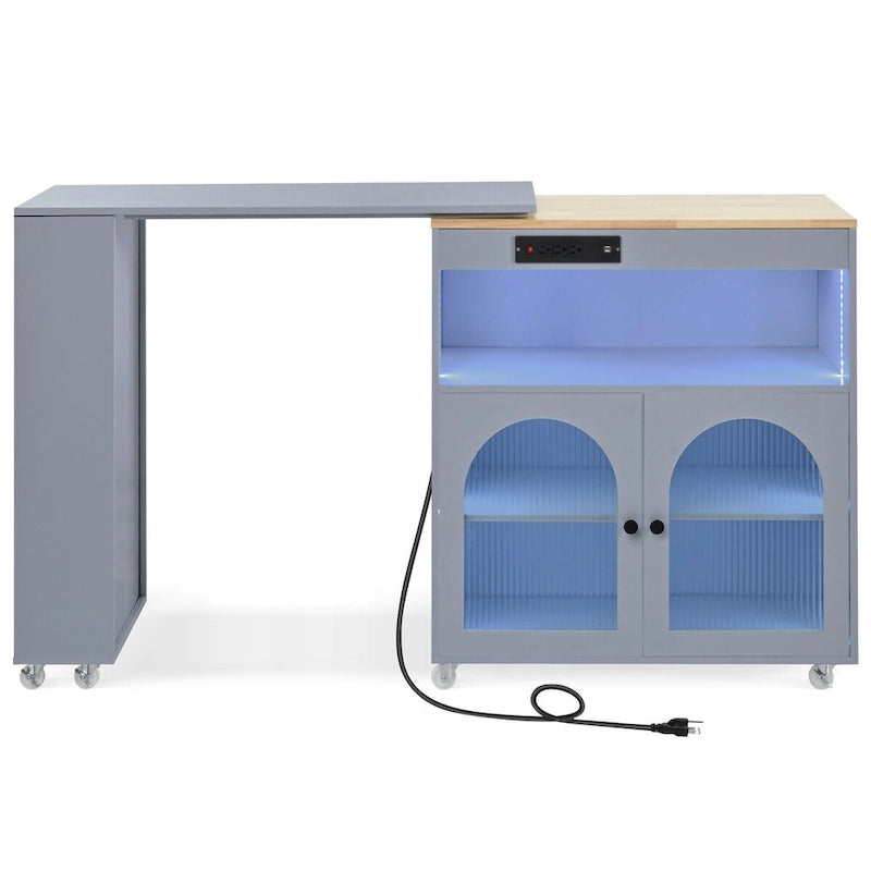 Rolling Kitchen Island with Movable Extended Table, Wheels, LED Lights, Power Outlets & Fluted Glass Doors
