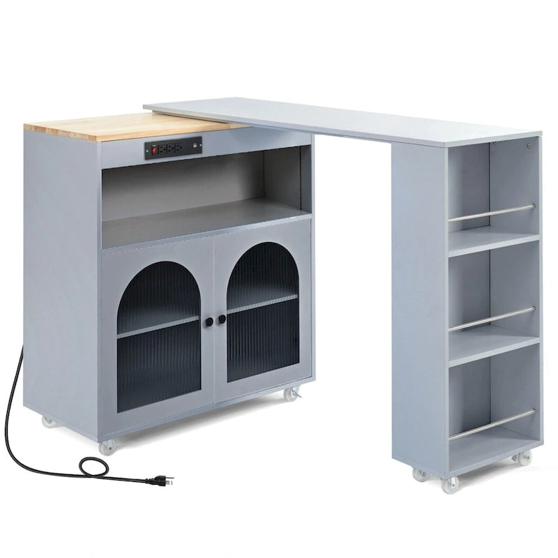 Rolling Kitchen Island with Movable Extended Table, Wheels, LED Lights, Power Outlets & Fluted Glass Doors