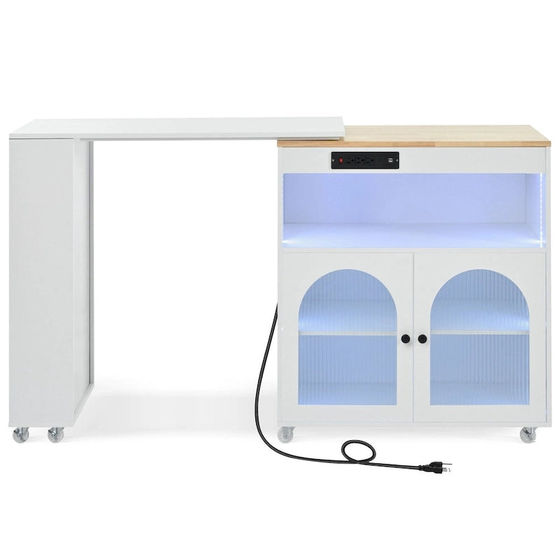 Rolling Kitchen Island with Movable Extended Table, Wheels, LED Lights, Power Outlets & Fluted Glass Doors