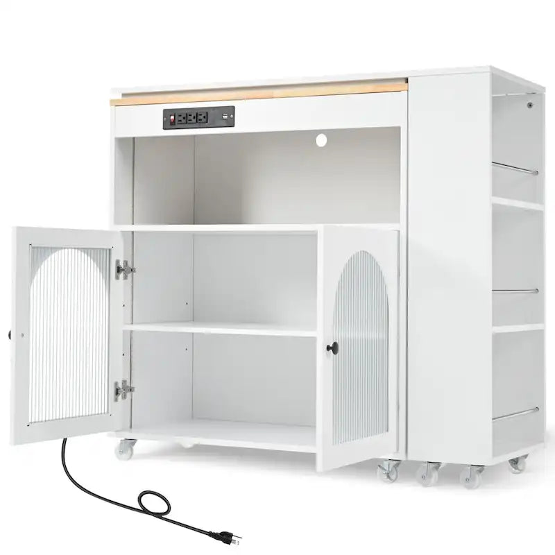 Rolling Kitchen Island with Movable Extended Table, Wheels, LED Lights, Power Outlets & Fluted Glass Doors