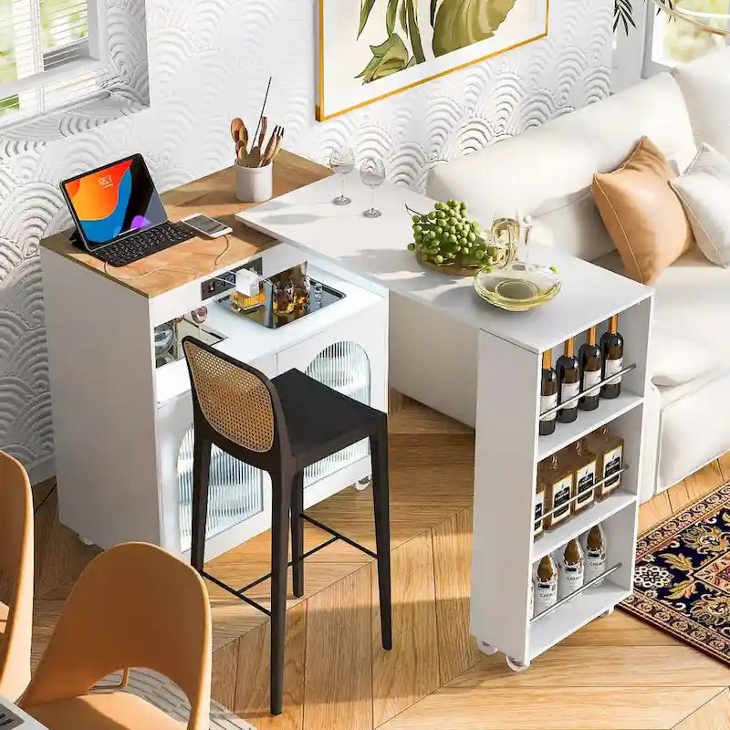 Rolling Kitchen Island with Movable Extended Table, Wheels, LED Lights, Power Outlets & Fluted Glass Doors