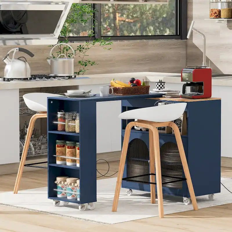 Rolling Kitchen Island with Movable Extended Table, Wheels, LED Lights, Power Outlets & Fluted Glass Doors