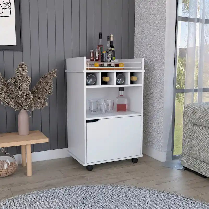 Bar Cart with 2 Open Shelves, 4 Cubbies and Cabinet