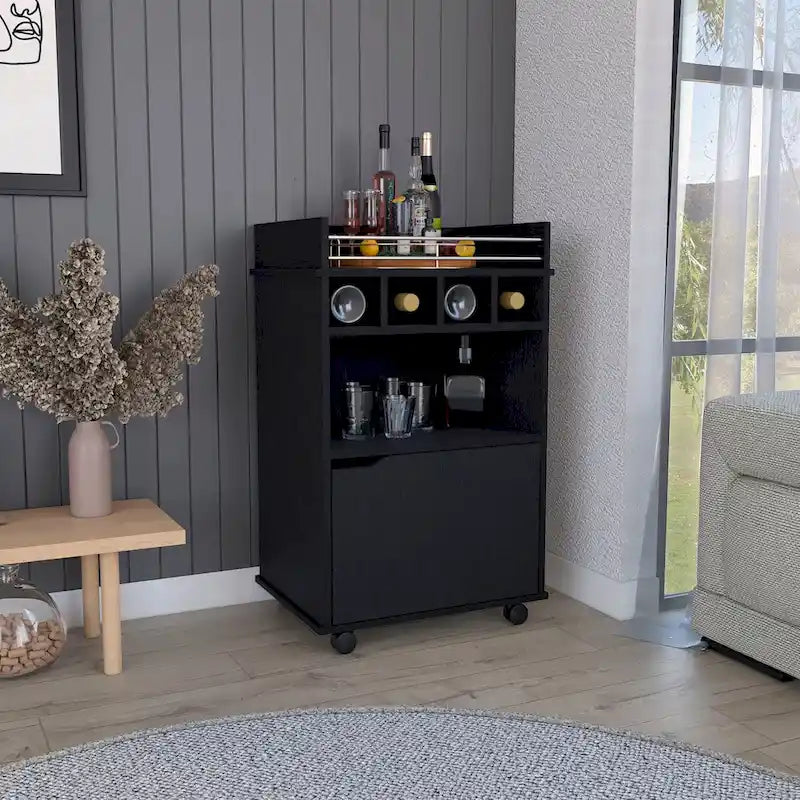 Bar Cart with 2 Open Shelves, 4 Cubbies and Cabinet