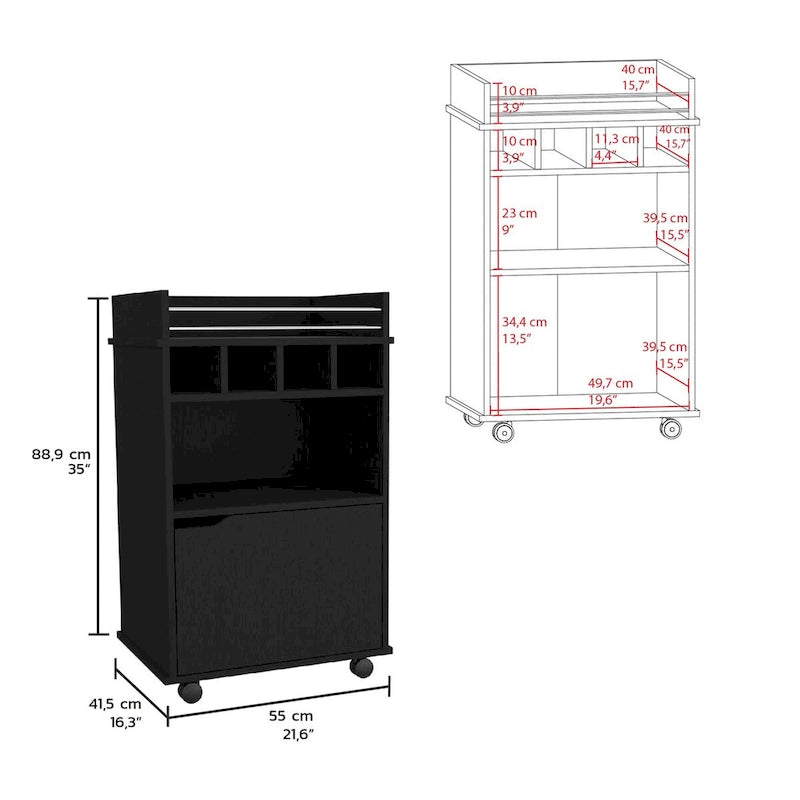 Bar Cart with 2 Open Shelves, 4 Cubbies and Cabinet