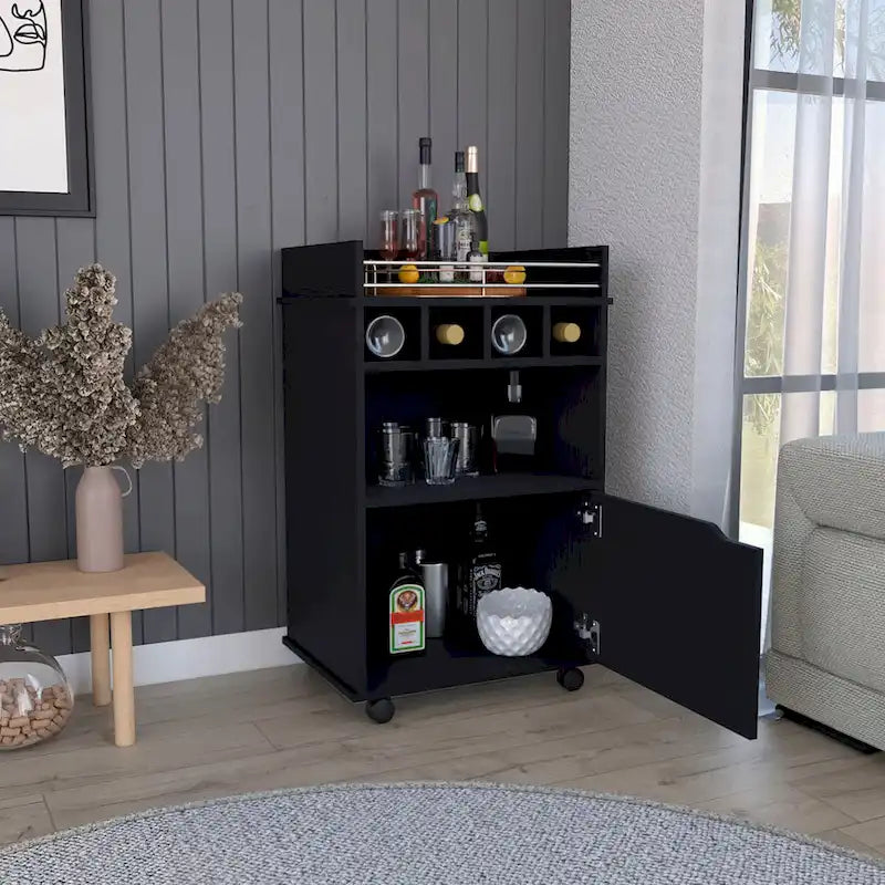 Bar Cart with 2 Open Shelves, 4 Cubbies and Cabinet