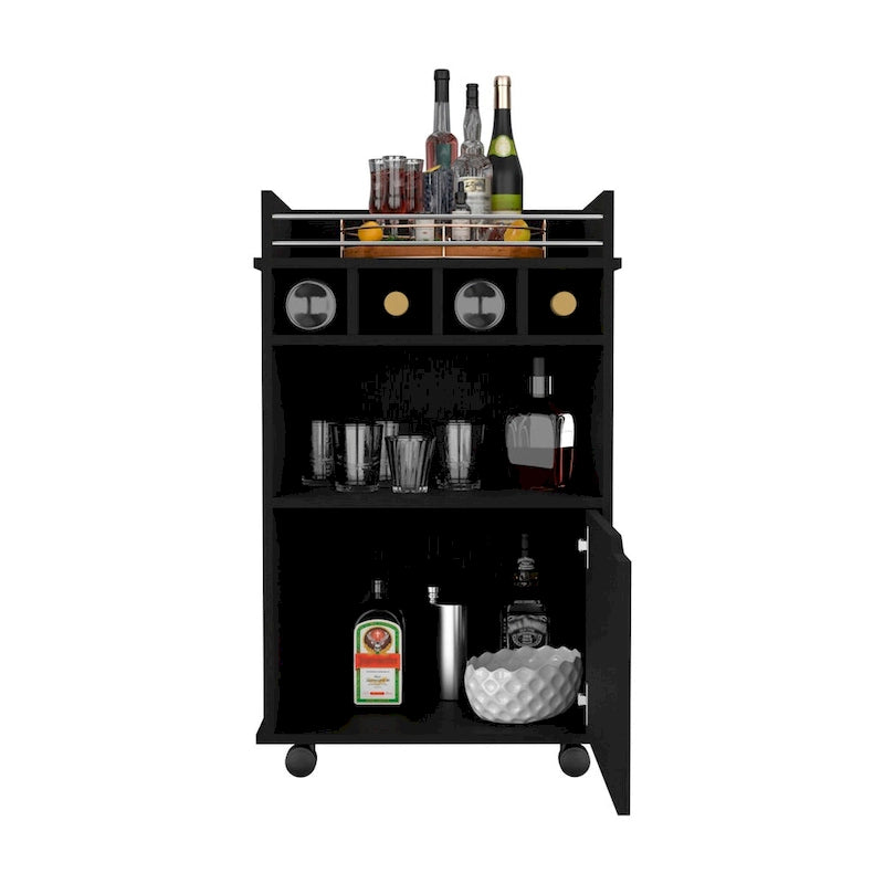 Bar Cart with 2 Open Shelves, 4 Cubbies and Cabinet
