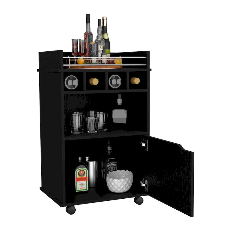 Bar Cart with 2 Open Shelves, 4 Cubbies and Cabinet
