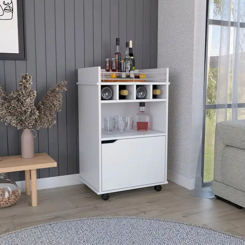 Bar Cart with 2 Open Shelves, 4 Cubbies and Cabinet