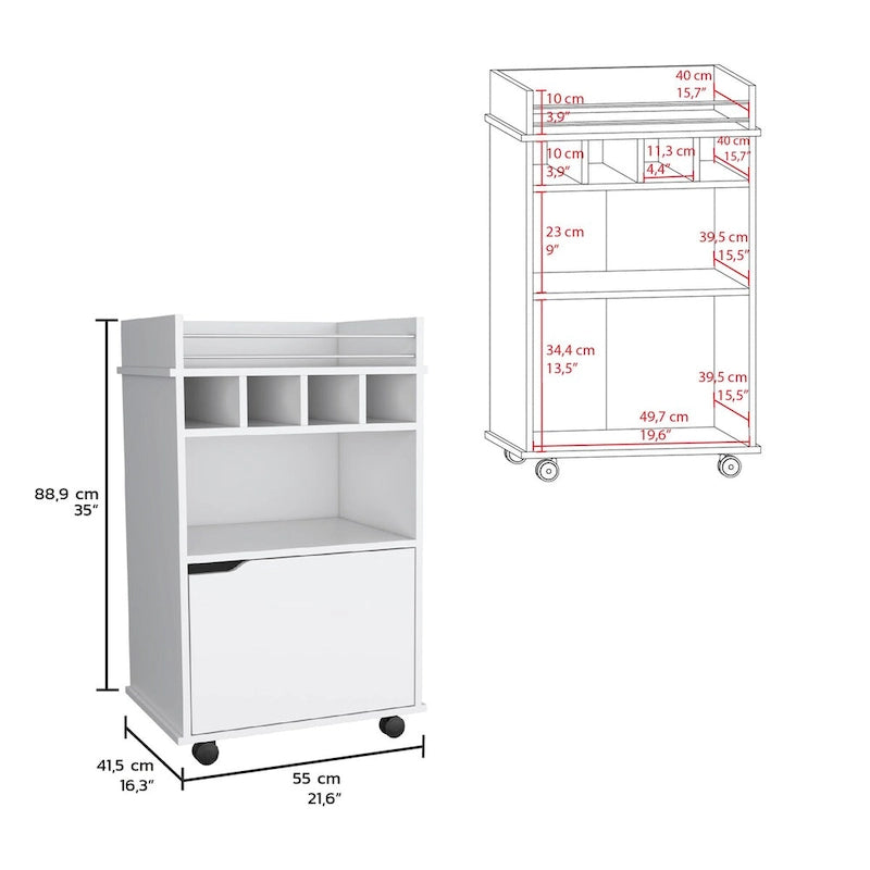 Bar Cart with 2 Open Shelves, 4 Cubbies and Cabinet