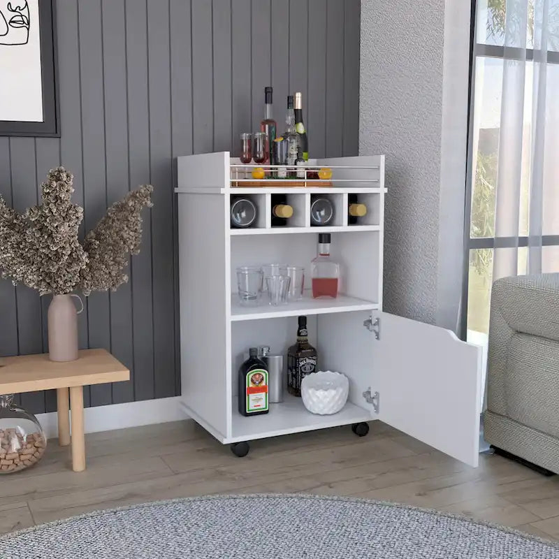 Bar Cart with 2 Open Shelves, 4 Cubbies and Cabinet