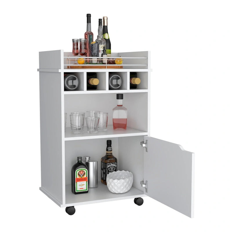 Bar Cart with 2 Open Shelves, 4 Cubbies and Cabinet