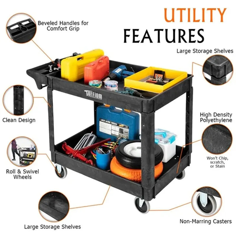 2-Tier Heavy-Duty Plastic Utility Cart with Wheels, 550 lbs Capacity, Black