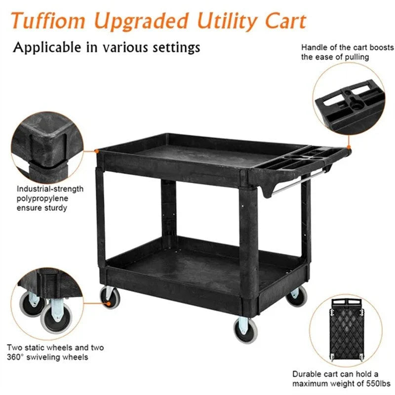 2-Tier Heavy-Duty Plastic Utility Cart with Wheels, 550 lbs Capacity, Black
