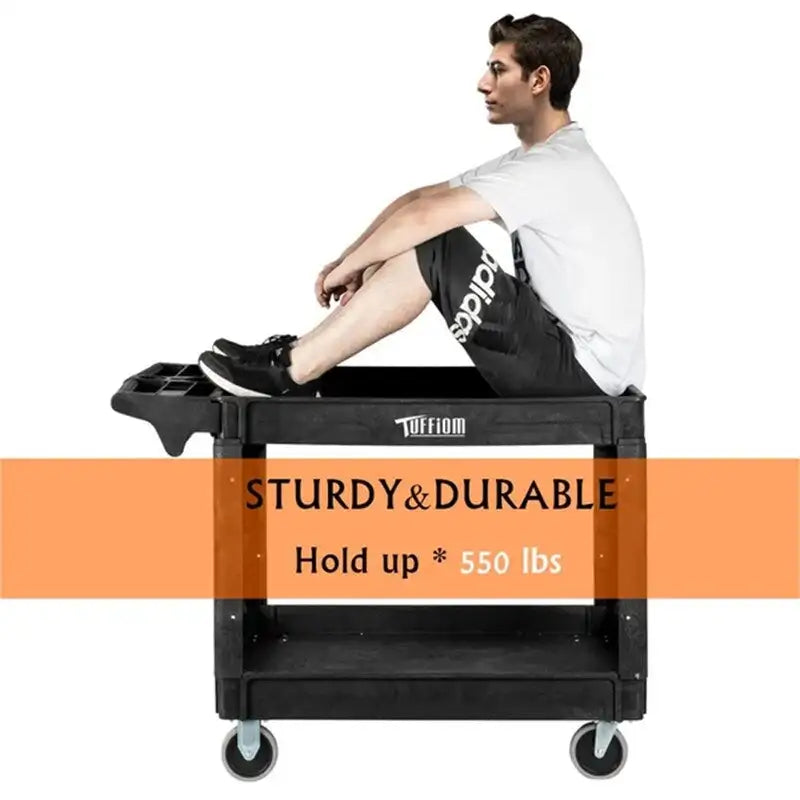 2-Tier Heavy-Duty Plastic Utility Cart with Wheels, 550 lbs Capacity, Black