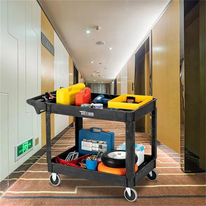 2-Tier Heavy-Duty Plastic Utility Cart with Wheels, 550 lbs Capacity, Black