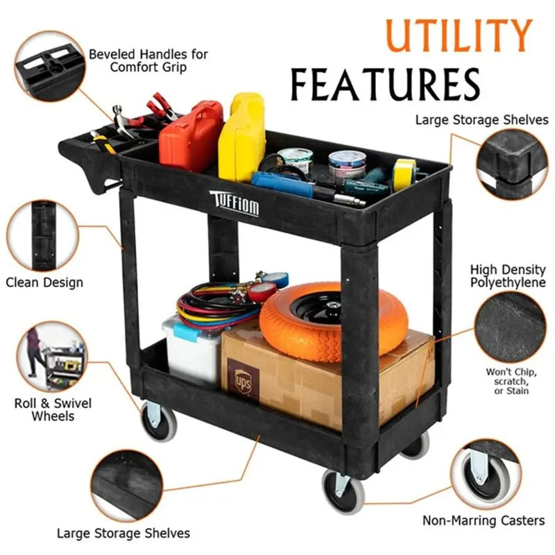2-Tier Heavy-Duty Plastic Utility Cart with Wheels, 550 lbs Capacity, Black