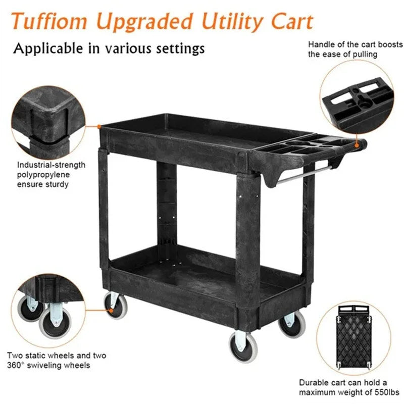 2-Tier Heavy-Duty Plastic Utility Cart with Wheels, 550 lbs Capacity, Black