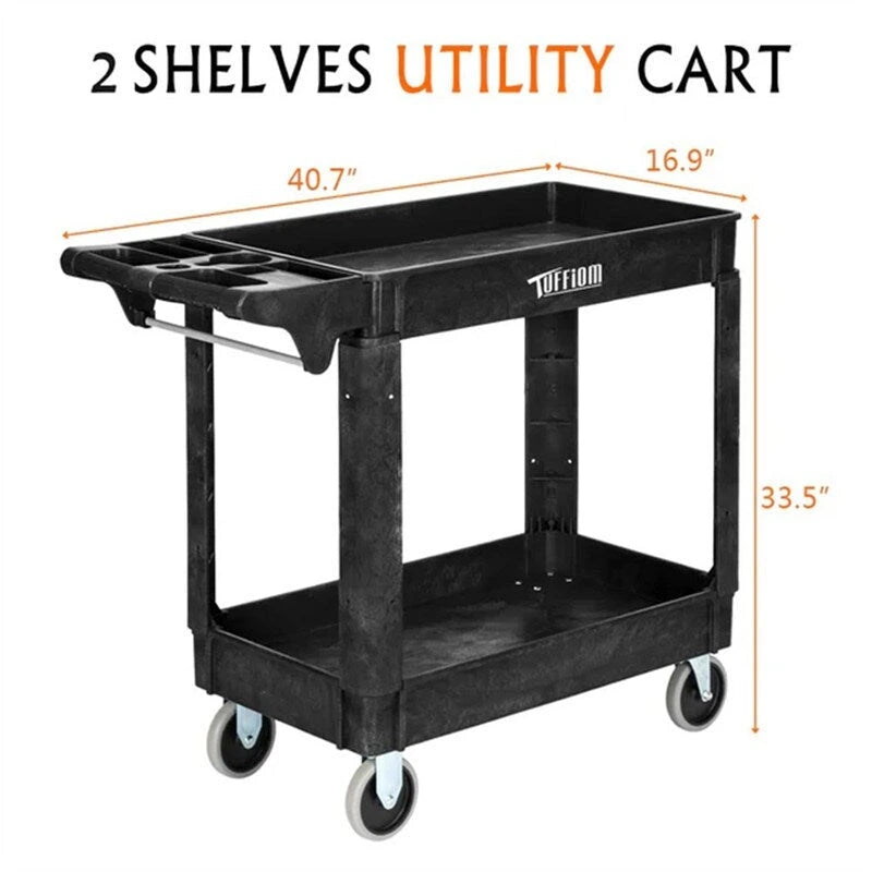 2-Tier Heavy-Duty Plastic Utility Cart with Wheels, 550 lbs Capacity, Black