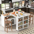 33 in. W Kitchen Island with Rubberwood Top, 8 Wheels, Extended Table, LED Lights & Power Outlets