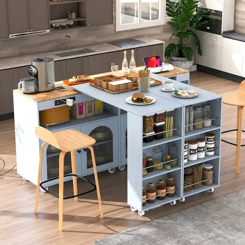 33 in. W Kitchen Island with Rubberwood Top, 8 Wheels, Extended Table, LED Lights & Power Outlets