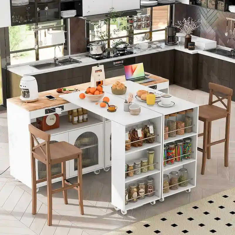 33 in. W Kitchen Island with Rubberwood Top, 8 Wheels, Extended Table, LED Lights & Power Outlets