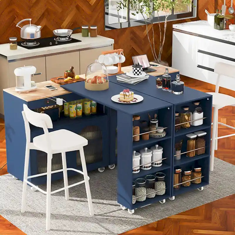 33 in. W Kitchen Island with Rubberwood Top, 8 Wheels, Extended Table, LED Lights & Power Outlets