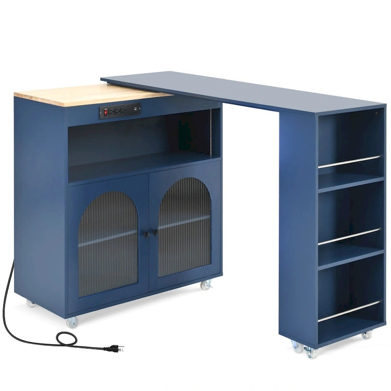 33 in. W Kitchen Island with Rubberwood Top, 8 Wheels, Extended Table, LED Lights & Power Outlets