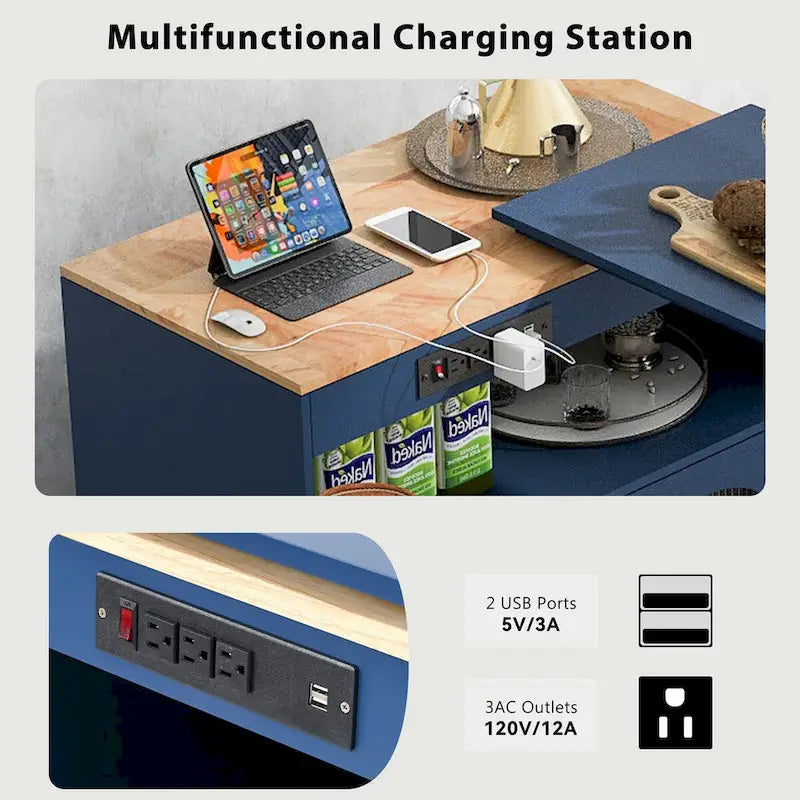 33 in. W Kitchen Island with Rubberwood Top, 8 Wheels, Extended Table, LED Lights & Power Outlets