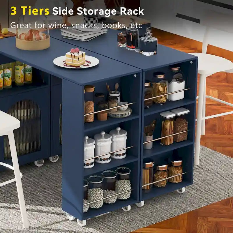 33 in. W Kitchen Island with Rubberwood Top, 8 Wheels, Extended Table, LED Lights & Power Outlets