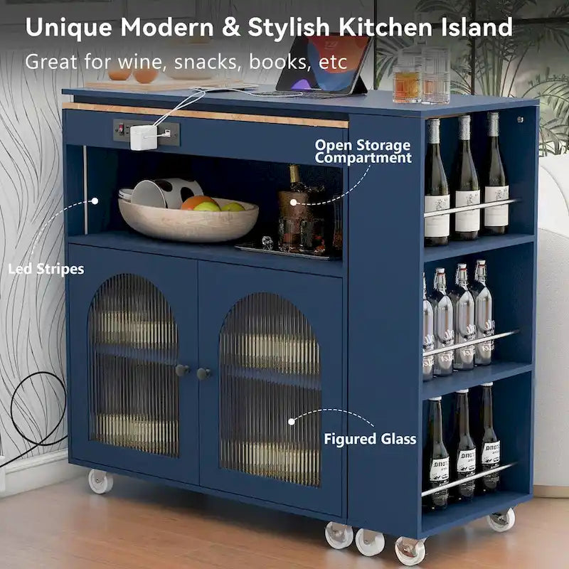 33 in. W Kitchen Island with Rubberwood Top, 8 Wheels, Extended Table, LED Lights & Power Outlets