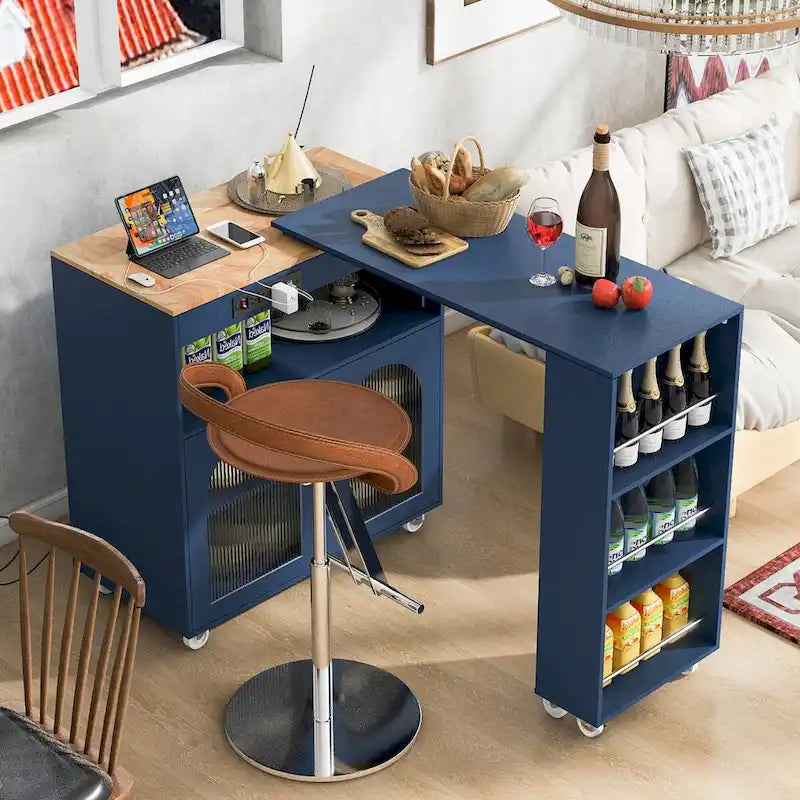 33 in. W Kitchen Island with Rubberwood Top, 8 Wheels, Extended Table, LED Lights & Power Outlets