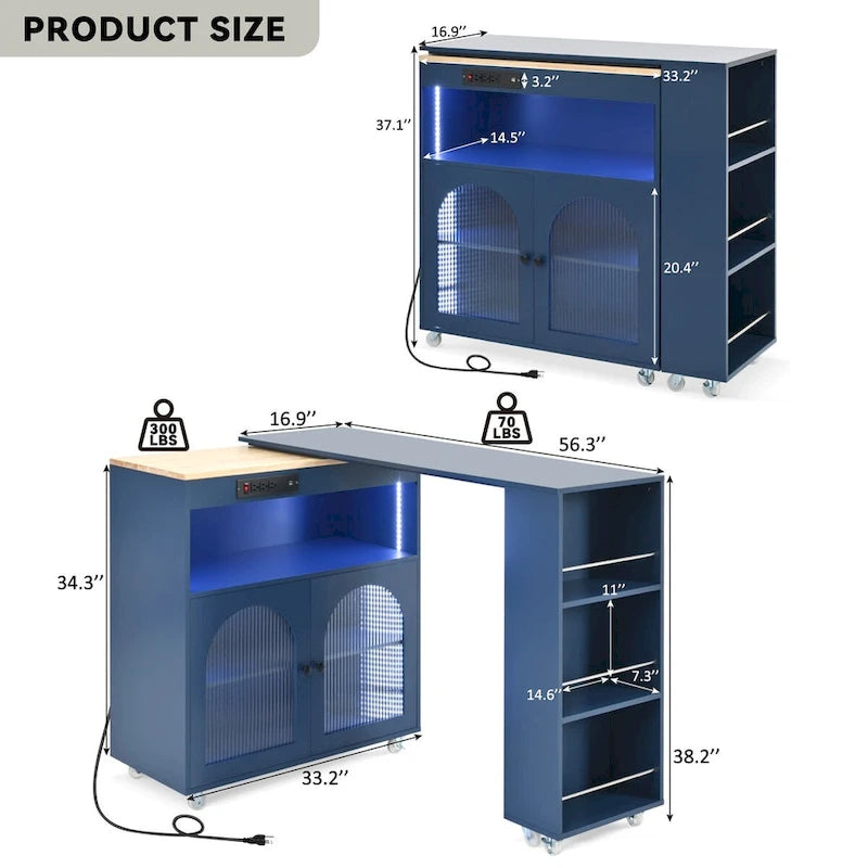 33 in. W Kitchen Island with Rubberwood Top, 8 Wheels, Extended Table, LED Lights & Power Outlets