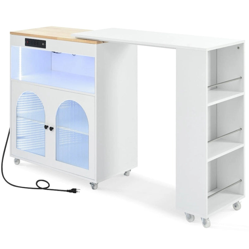 33 in. W Kitchen Island with Rubberwood Top, 8 Wheels, Extended Table, LED Lights & Power Outlets