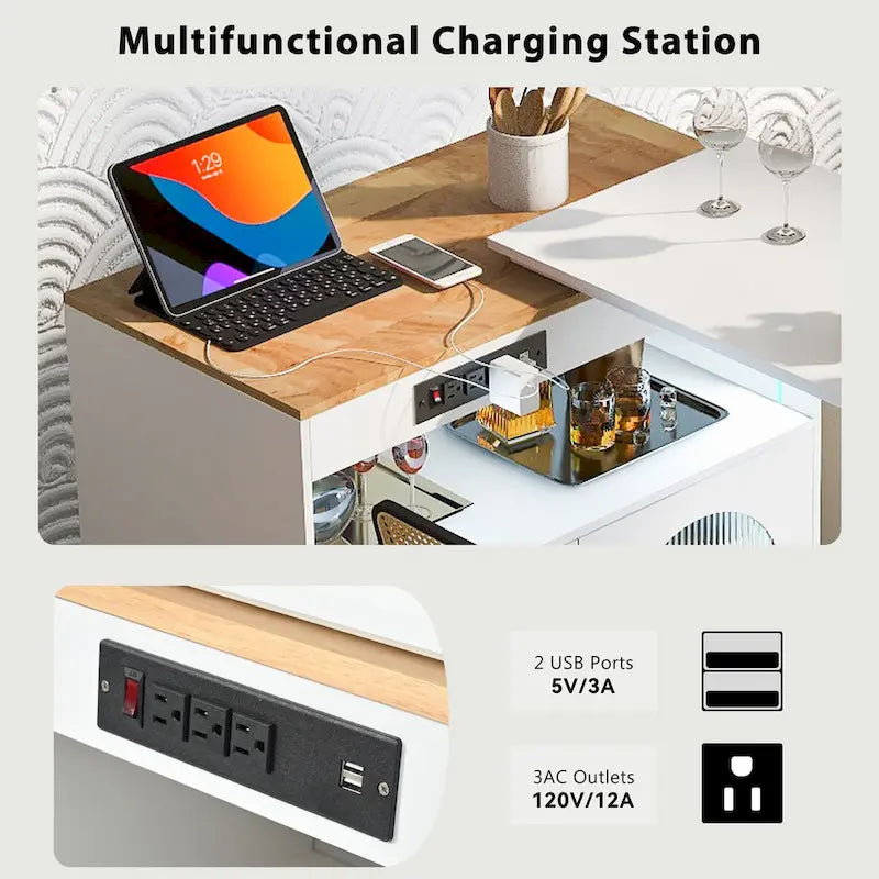 33 in. W Kitchen Island with Rubberwood Top, 8 Wheels, Extended Table, LED Lights & Power Outlets