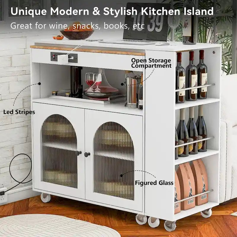 33 in. W Kitchen Island with Rubberwood Top, 8 Wheels, Extended Table, LED Lights & Power Outlets