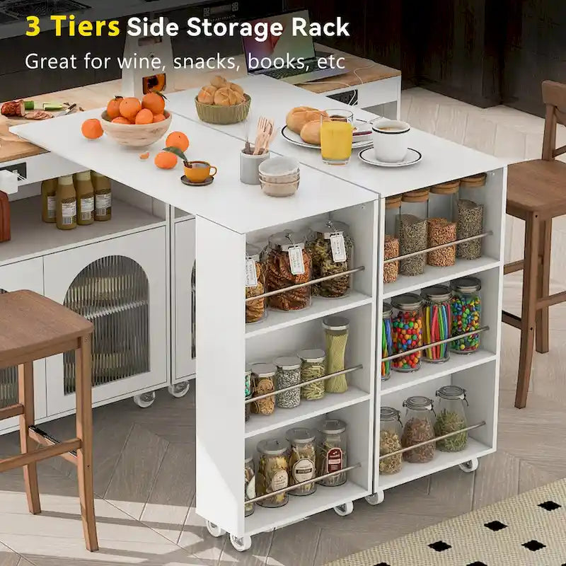 33 in. W Kitchen Island with Rubberwood Top, 8 Wheels, Extended Table, LED Lights & Power Outlets