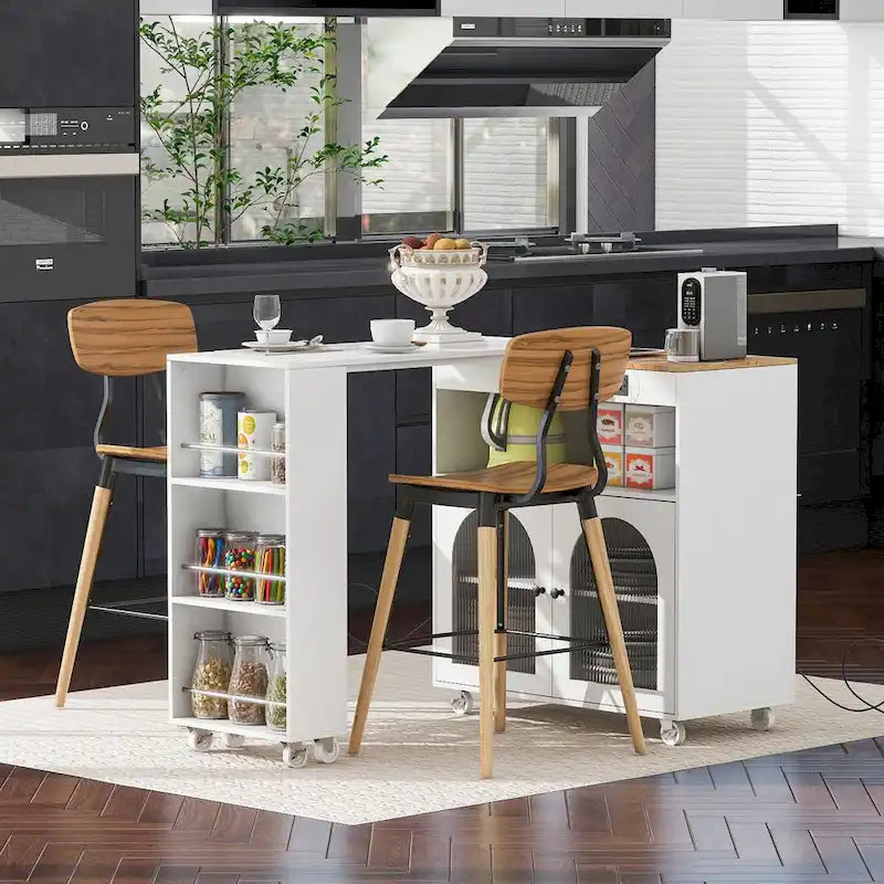 33 in. W Kitchen Island with Rubberwood Top, 8 Wheels, Extended Table, LED Lights & Power Outlets