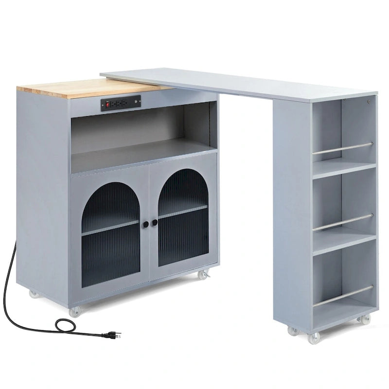 33 in. W Kitchen Island with Rubberwood Top, 8 Wheels, Extended Table, LED Lights & Power Outlets