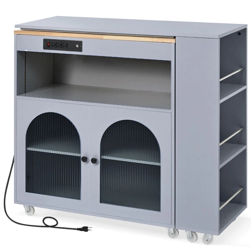 33 in. W Kitchen Island with Rubberwood Top, 8 Wheels, Extended Table, LED Lights & Power Outlets