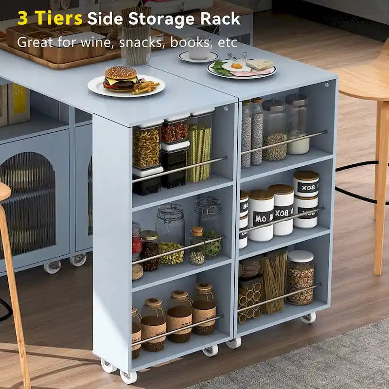 33 in. W Kitchen Island with Rubberwood Top, 8 Wheels, Extended Table, LED Lights & Power Outlets