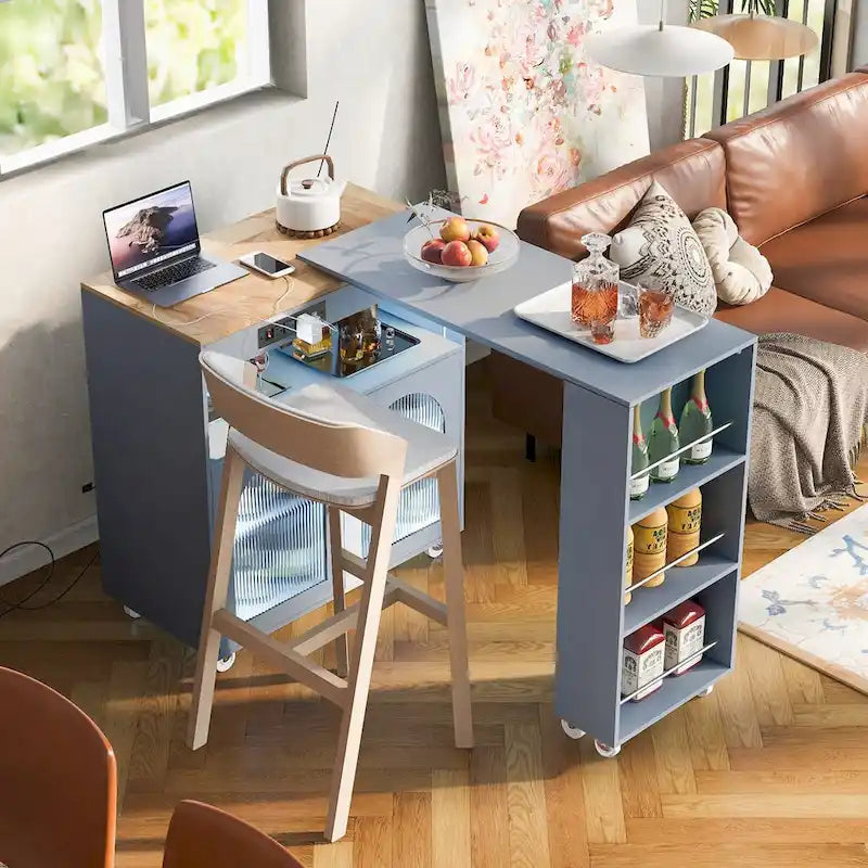 33 in. W Kitchen Island with Rubberwood Top, 8 Wheels, Extended Table, LED Lights & Power Outlets