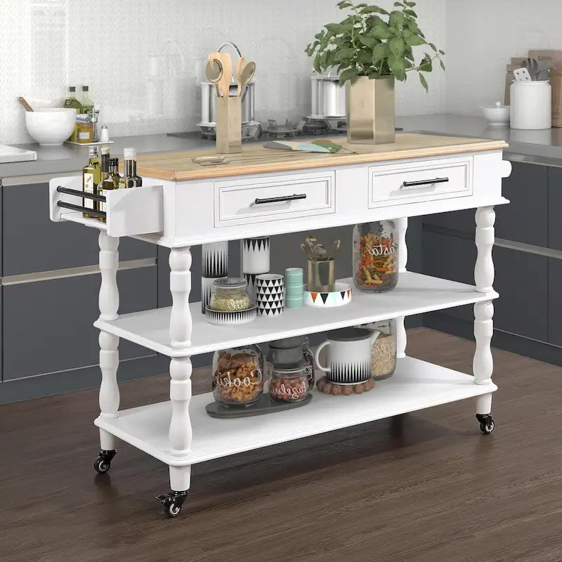 Rolling Kitchen Island Cart with Oak Wood Top, Wine and Spice Rack