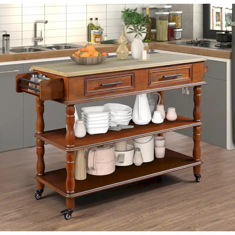 Rolling Kitchen Island Cart with Oak Wood Top, Wine and Spice Rack