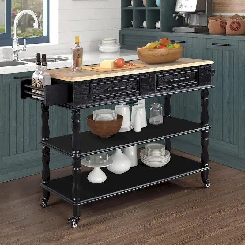 Rolling Kitchen Island Cart with Oak Wood Top, Wine and Spice Rack